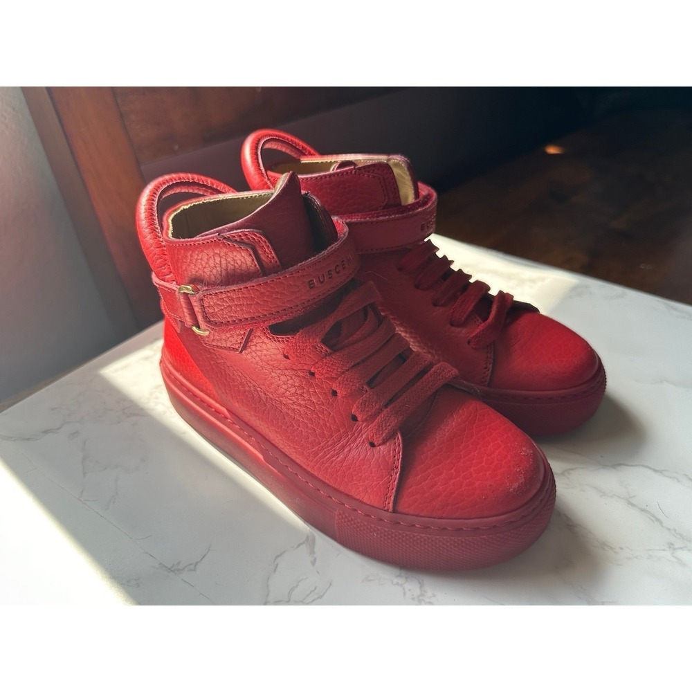 Buscemi Red Leather High Top Sneakers with Gold Buckle Detail